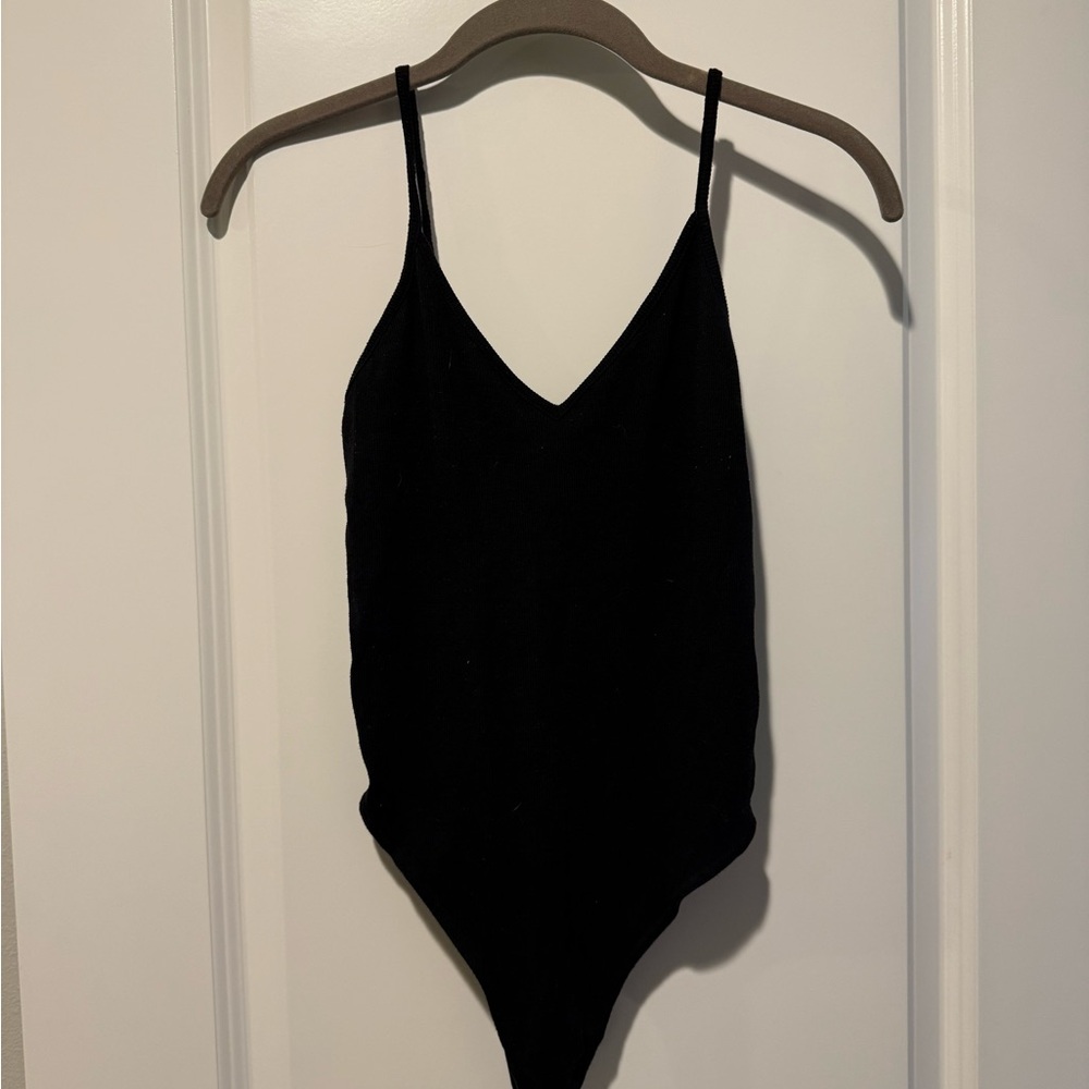 BP. Women’s Black Ribbed V-neck Spaghetti Strap Bodysuit